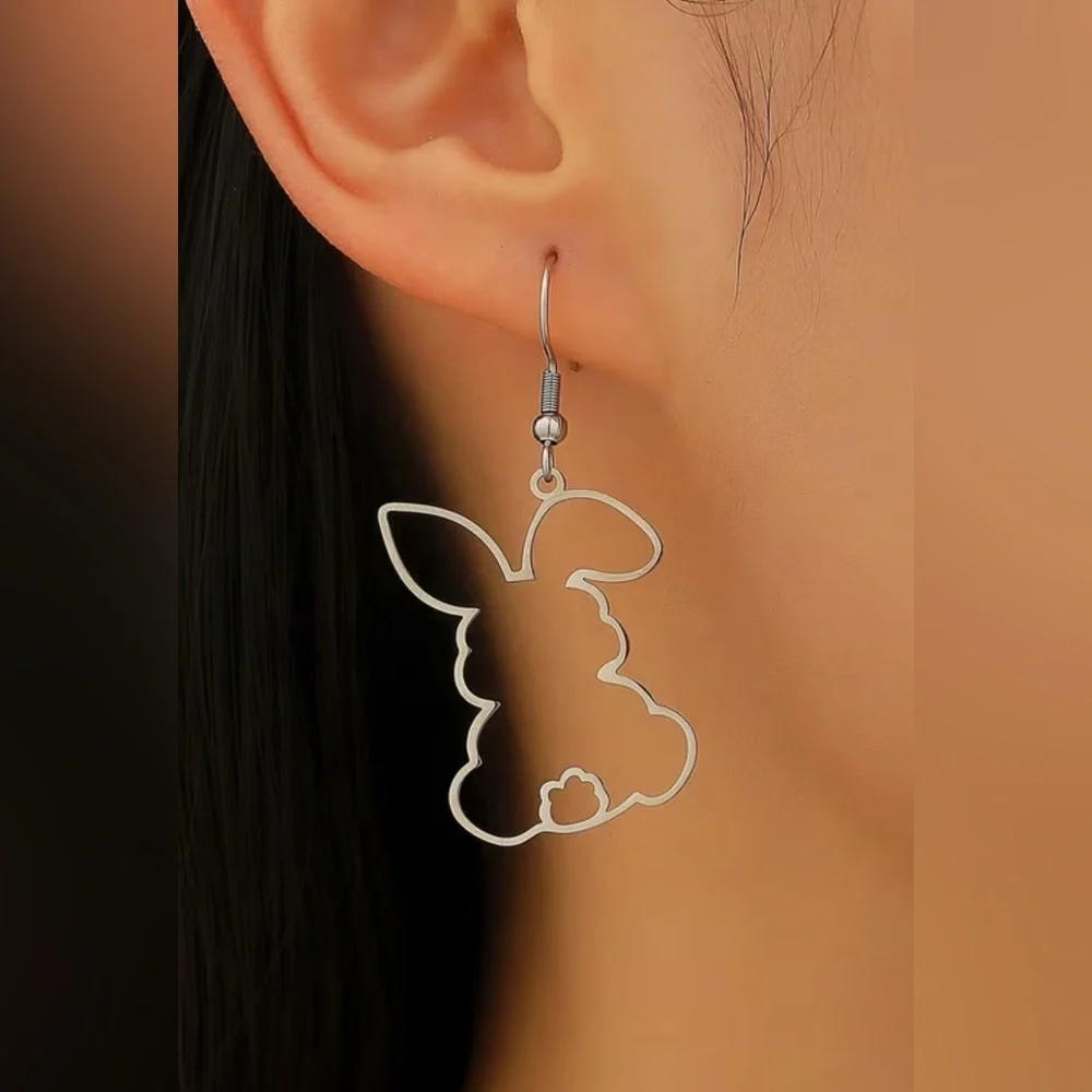Silver Tone Bunny Outline Dangle Earrings_4